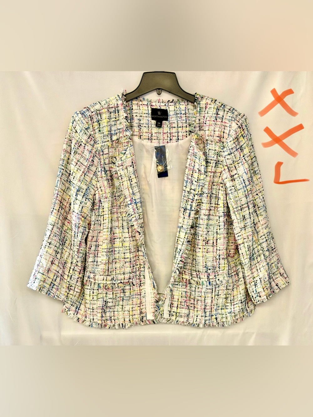 Worthington Pastel Multicolor Tweed Frayed Open-Front Blazer